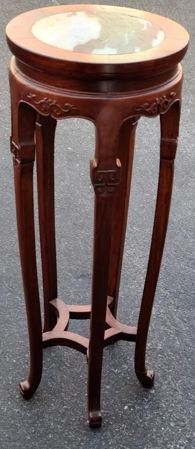 Beautiful Solid Wood Plant Stand - Marble Top Inlay - GORGEOUS CARVED ACCENTS