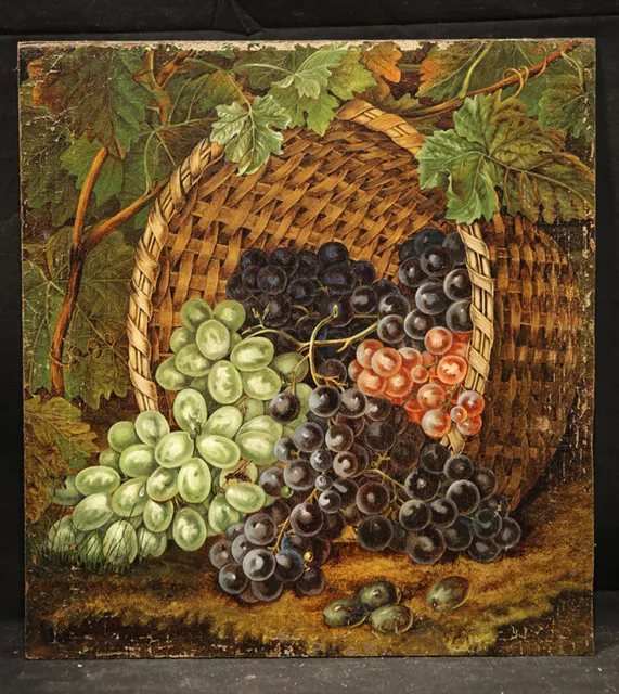 19th Century Green Black Red Grapes in Basket Impressive Still Life Painting 2