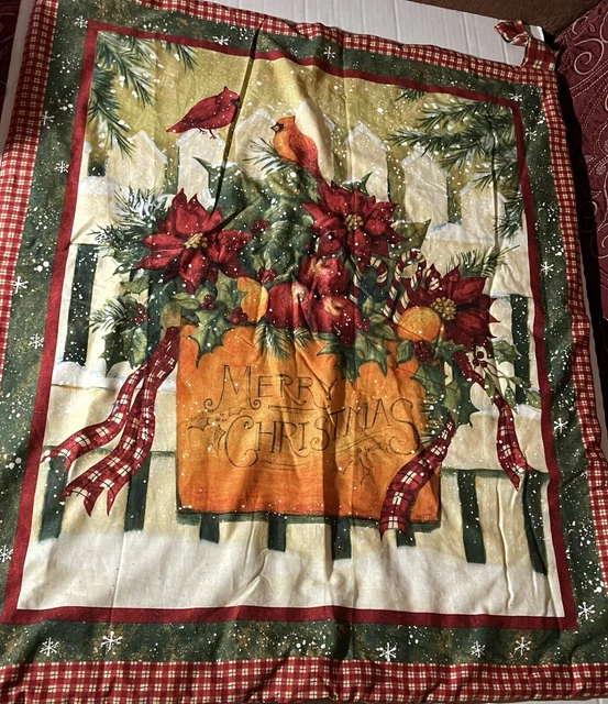 Merry Christmas Fabric Wall Hanging Handmade Cardinals Snow Poinsettia 38”L X 28