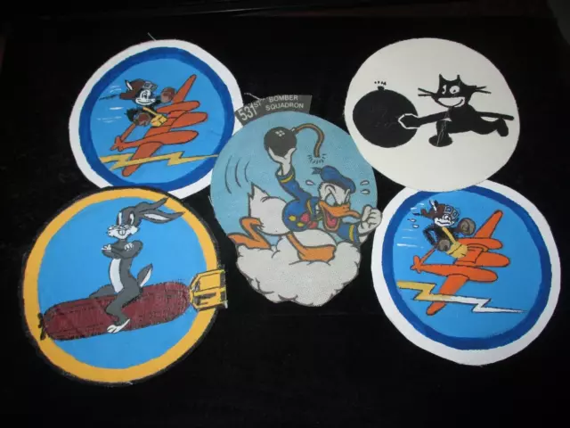 5 World War II USAAF USN Bomber Fighter Squadron Hand Painted Patches Cartoons