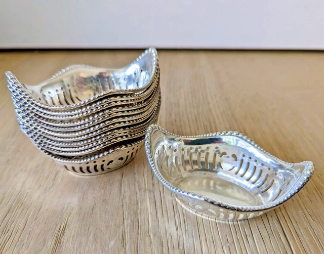 Set of 12 Vintage Webster Pierced Sterling Silver Nut Dishes Baskets Bowls