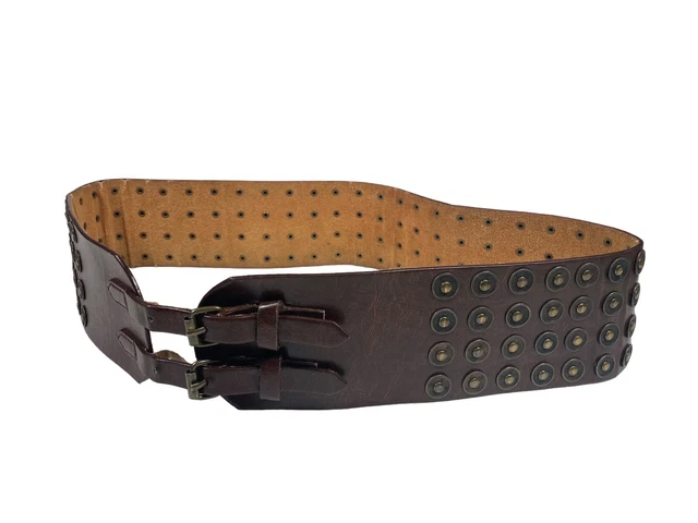 Borchie con iscrizione vintage anni '90 marrone pelle vita larga cintura