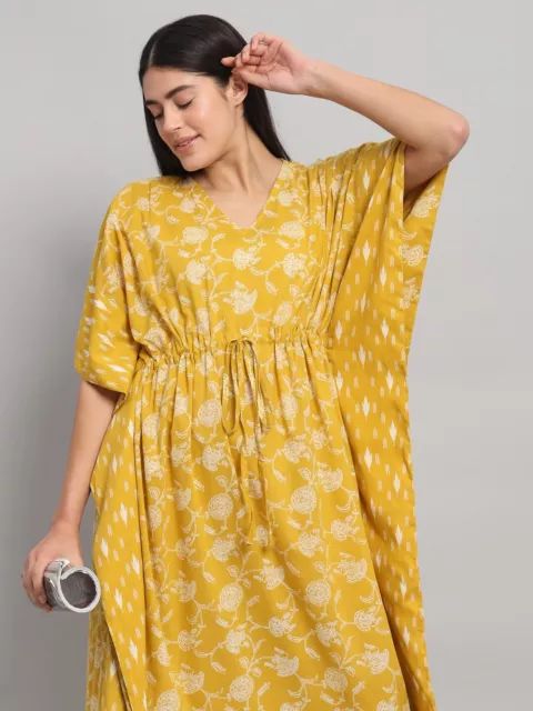 Indien Jaune Imprimé Floral Coton Hippie Maxi Femme Boho Pyjama Robe Caftan