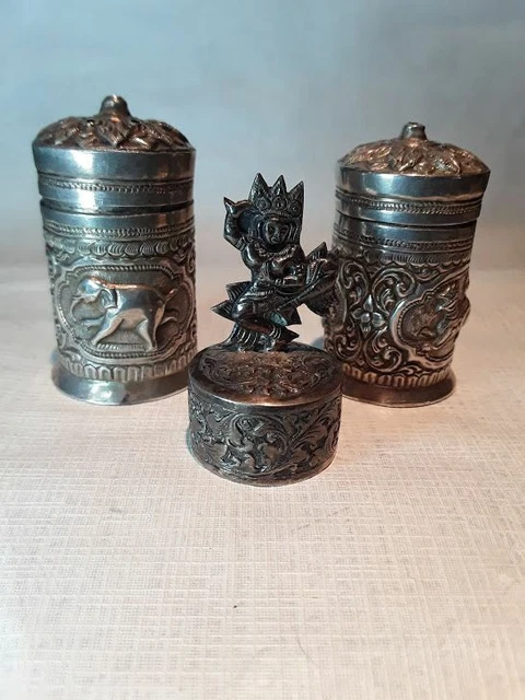 Vintage Argento Sterling Thai Birmano Sale E Pepe Segnaposto Scheda Titolari