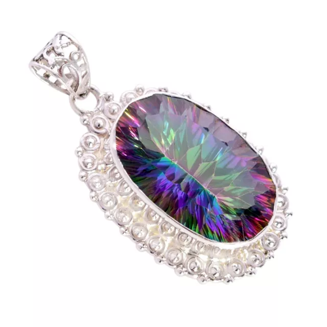 Oval Rainbow Quartz Gemstone Pendant 925 Sterling Silver Vintage Style Jewelry 2