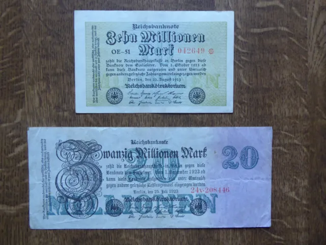 Alte Geldscheine, Reichsbanknoten, 10 und 20 Millionen Mark, von 1923