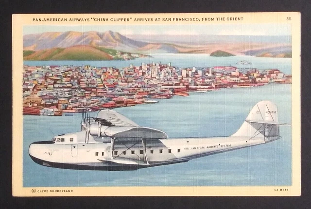 Pan American Airways China Clipper San Francisco Plane Linen UNP Postcard c1940s