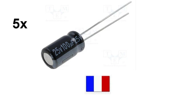 2 Condensateurs électrolytiques 100µF 25V Radial Aishi WH - 105°C, Neufs
