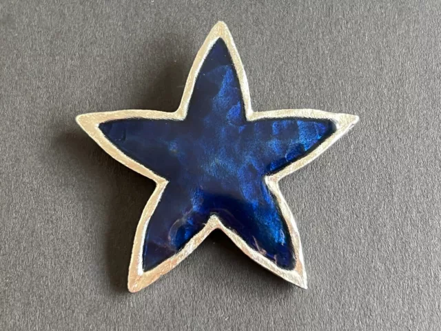 Large Vintage 1980s Enamel Brooch Dark Midnight Blue Navy Star Hammered Silver