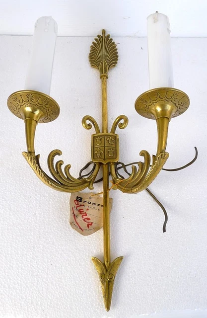 Belle APPLIQUE Ancienne Flèche Blason Bronze Doré et Opaline