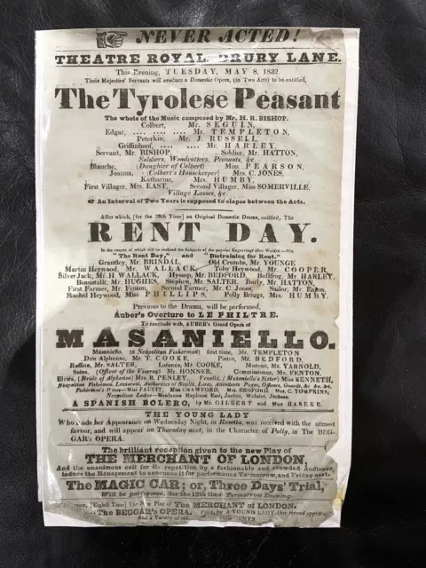 Rare Antique Playbill Poster For Theatre Royal Drury Lane May 1832