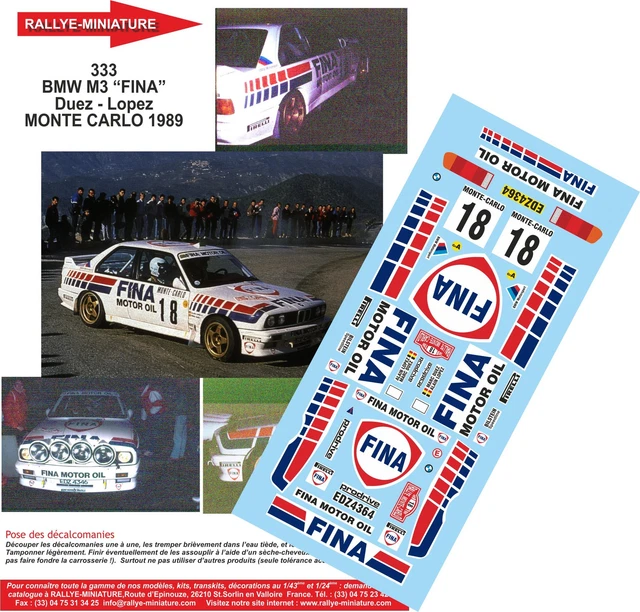 DECALS 1/18 REF 333 Bmw M3 Fina Marc Duez Rallye Monte Carlo 1989 Rally ...
