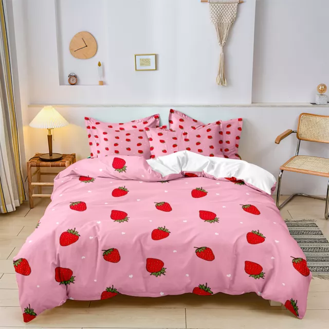 Pink Sweet Strawberry Quilt Doona Duvet Cover Bed Set Single/Double/Queen/King