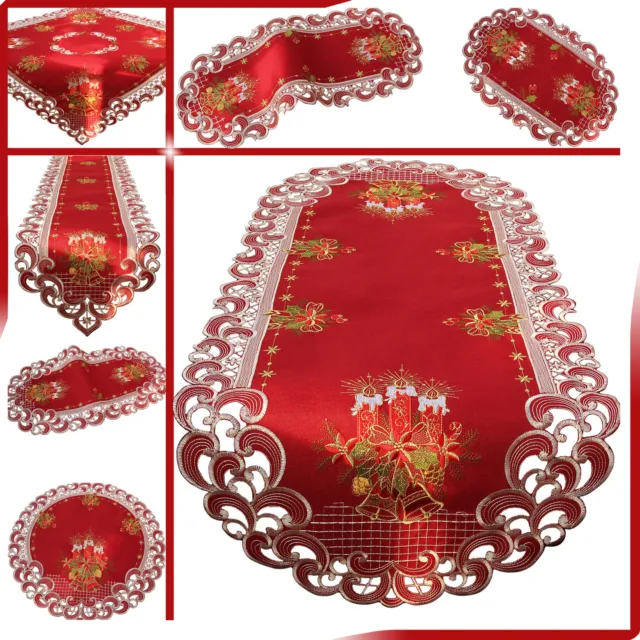 Weihnachten Tischläufer Tischdecke mit Stickerei Kerzen Rot Mitteldecke Deckchen