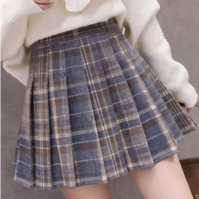 Femme Faux Laine Jupe Courte Plissé Carreaux à Taille Haute Trapèze Mini Vintage