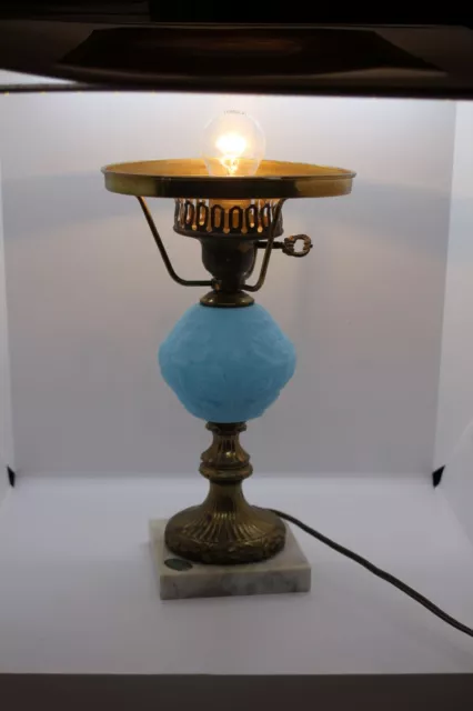 Vintage Fenton Blue Satin Glass Poppy Pattern Hurricane Lamp/ NO SHADE