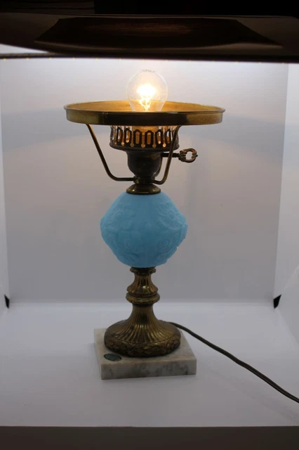 Vintage Fenton Blue Satin Glass Poppy Pattern Hurricane Lamp/ NO SHADE