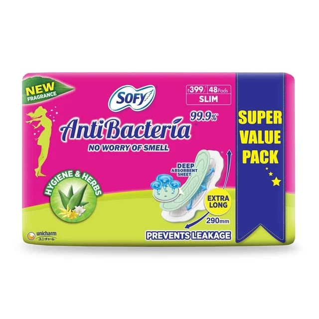 Almohadillas sanitarias extra largas Sofy antibacterianas - delgadas (paquete de 48 almohadillas)
