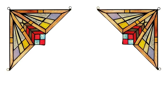 Stained Glass Window Corner Panel Mission Design 8" Handcrafted PAIR