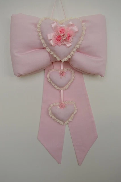 Fiocco Nascita Colore Rosa Con Cuori Cotone Piquet E Pizzo Valenciennes