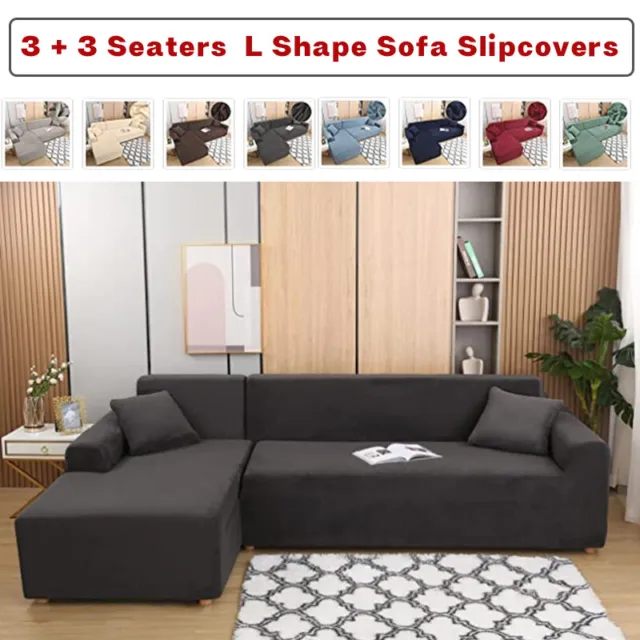 3+3 Seaters L Shape Sofa Slipcovers  Solid Color Home Couch Furniture Protector