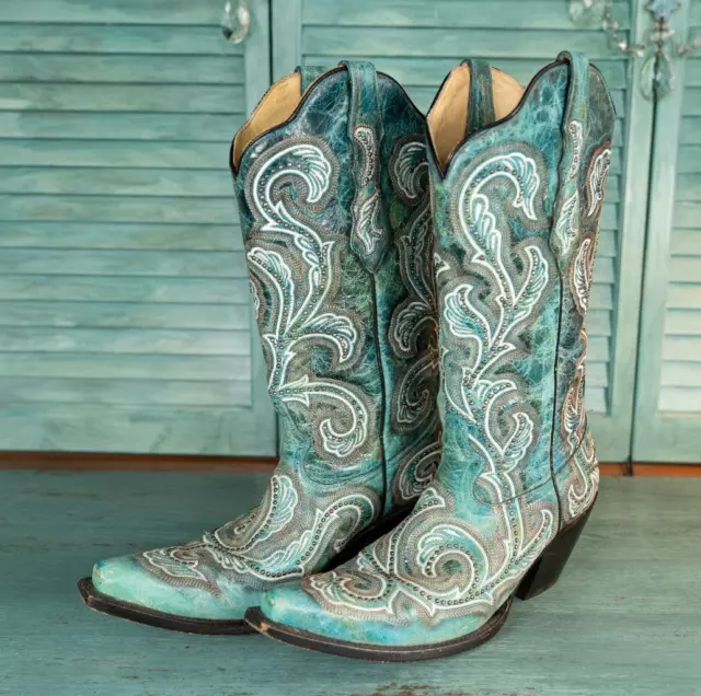 Corral Ladies Western Cowboy Boots Turquoise Tooled Leather Embroidery Size 8.5