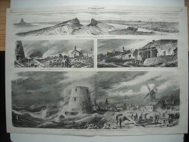 Gravure 1869. Rupture Digue Roz-Sur-Couesnon. Chaussee Du Sillon, A Saint-Malo..
