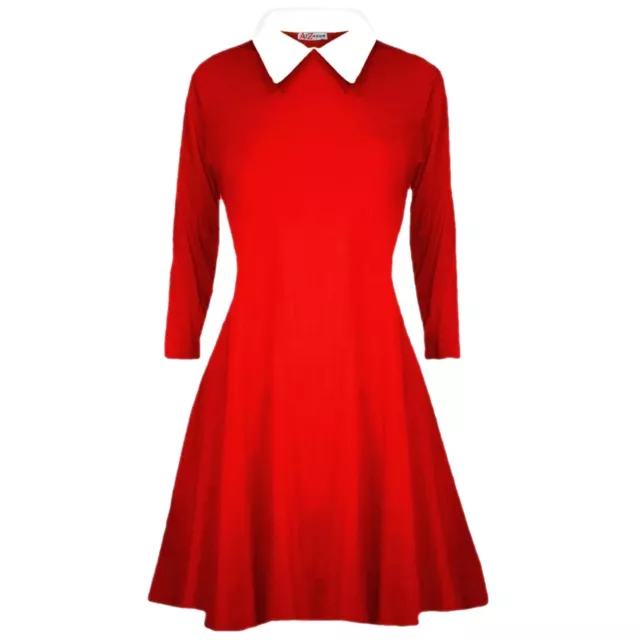 Ragazze Rosso Swing Abito Colletto Peter Pan Maniche Lunghe Svasato Skater Per