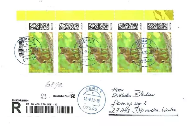 Inland Groß Brief ES MeF 0,85€ Junger Luchs St Gera 12.8.22,Dokument , rs. AnkST