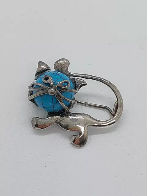 Ancienne Broche Chat En Argent Et Pierre Turquoise