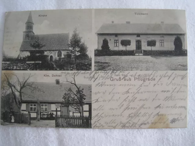 AK Gruß aus Pflugrade / Kfm. Dehnel, Tolzmann, Kirche um 1914