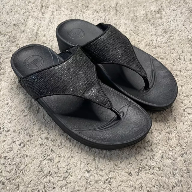 Fitflop Womens Lulu Black Thong Wedge Sandal Leather Size 8 Shimmer