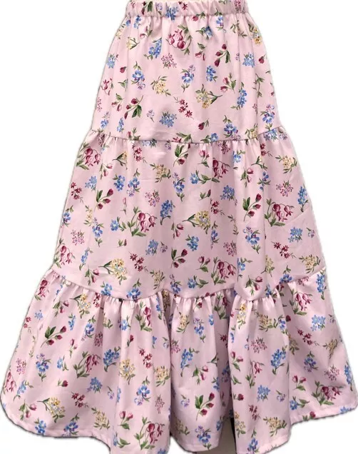 Girl skirt tiered pink floral cotton modest long full size M 8 10 elastic waist
