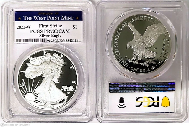 2022 W Silver Eagle $1 Pcgs Pr70Dcam First Strike Milk Spots West Point P8