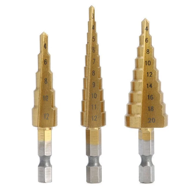 3 Pcs High-Speed Steel Step Drill Bit Set Tools Cone Titanium Coated Metal F2S8