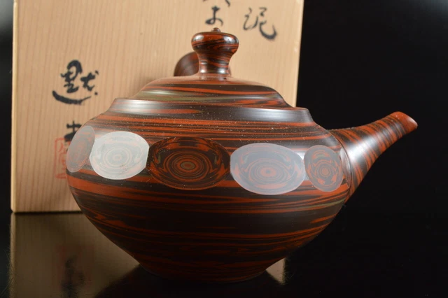 M2947:Japanese Tokoname-ware Brown pottery Mottle glaze TEAPOT auto w/signed box