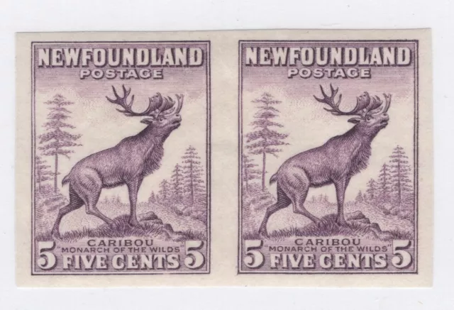 1932 Newfoundland SC 191b Caribou Imperf Pair, Die II - 5c Deep Violet MH Mint