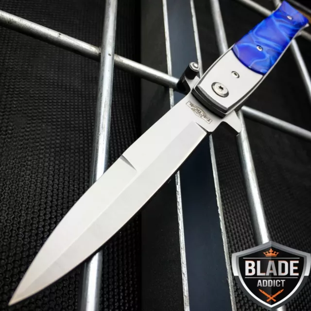 9" Italian Milano Stiletto Tactical Spring Assisted Open Pocket Knife Blue Pearl