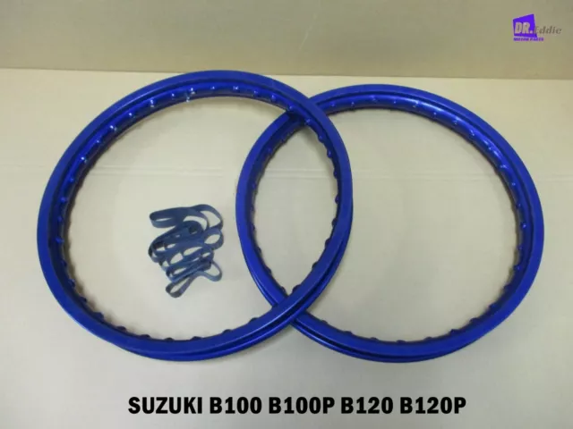 Suzuki B100 B100P B120 B120P F & R Aluminium Blue Wheel Rim Set  **Bi6132**