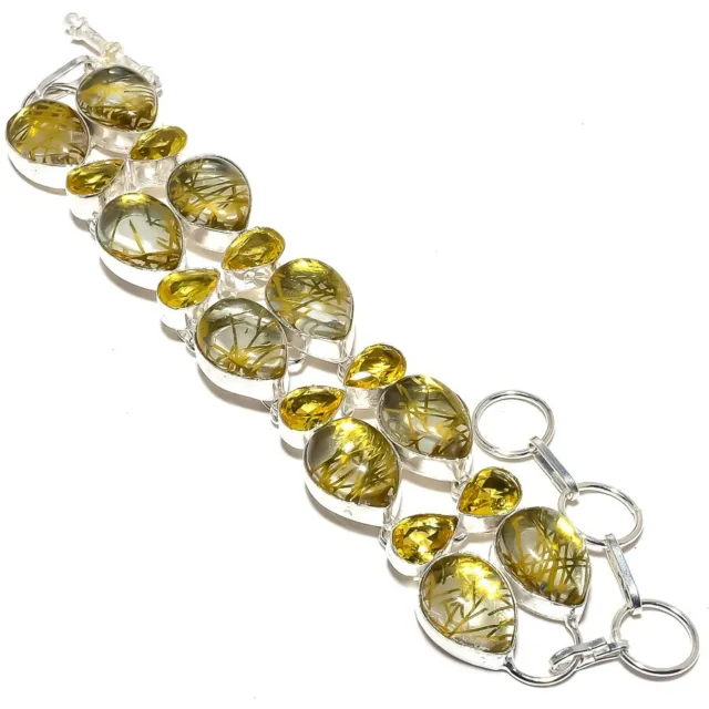 Doré Rutile Quartz, Citrine Gemme 925 Argent Sterling Bracelet