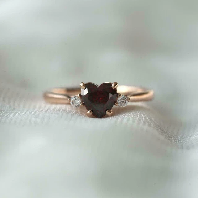 Heart Cut Lab-Created Red Garnet Engagement Ring 14K Gold Plated Silver