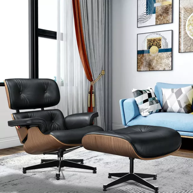 Walnut Lounge Chair & Footstool Seat Chair Real Leather Black