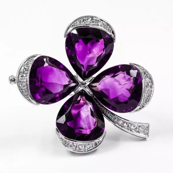 Brosche Kleeblatt mit Amethysten und Diamanten Brillanten 18 Kt 750 Gold