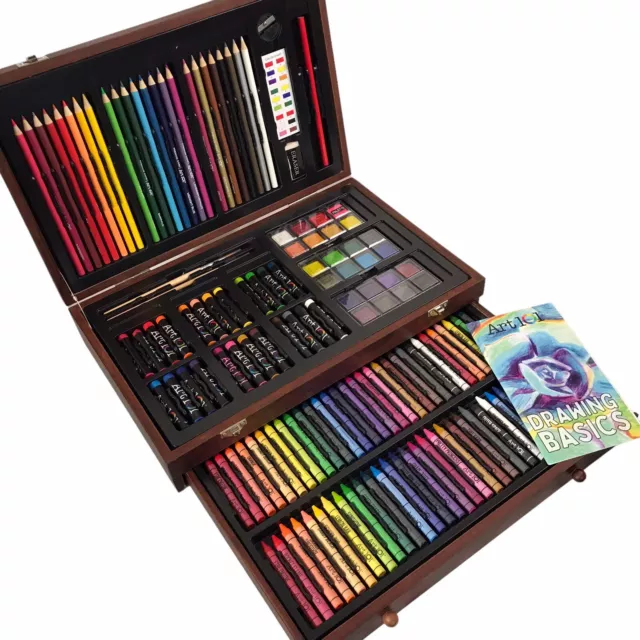 Art 101 Deluxe Art Set Drawing Kit Wood Case Paint Pastels Pencils Brush Eraser