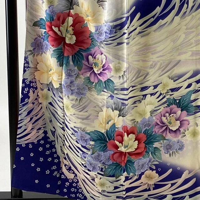 Japanese Kimono Furisode Pure Silk Flowers Embroidery Gold Thread Bluish Purple 2