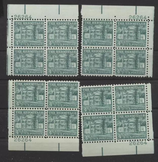 1037 The Hermitage (4 1/2¢) Matched Set of Four Mint NH 1958 plate #Blocks 26264