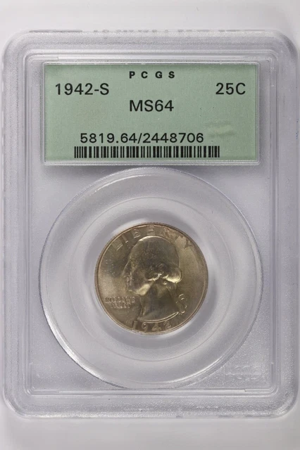 1942-S Washington Silver Quarter PCGS MS64 OGH 25c