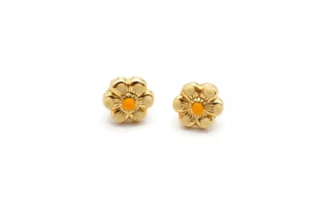 14k Yellow Gold Flower Earrings White Enamel