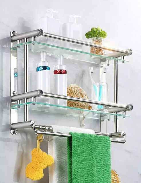 3-Tier Tempered Glass Bathroom Shelf with Towel Bar Wall Mounted Shower Storage