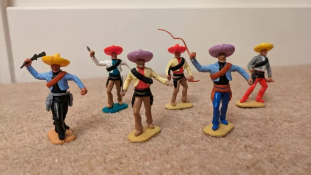 Vintage 1970s Timpo, 6 Mexican soldiers bandits, pistols, whips, rifles, VGC